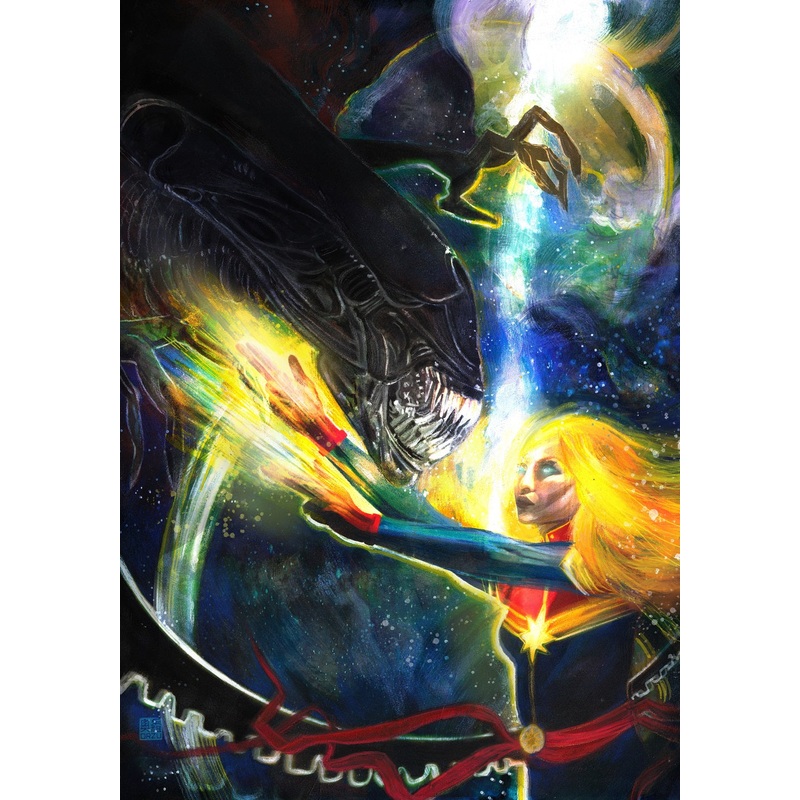 Zu Orzu Original Art Marvel: Aliens Vs. Avengers #1 Featuring Captain Marvel Cover
