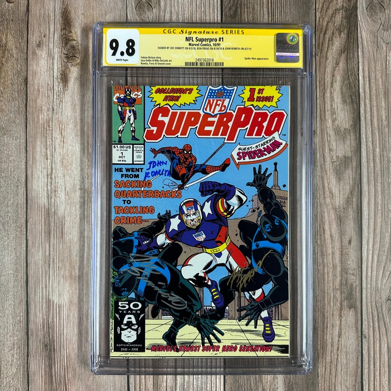 NFL SuperPro #1 CGC 9.8 WP SS Signed by Joe Sinnott, Ron Frenz & John Romita Spider-Man appearance (cert:2018)