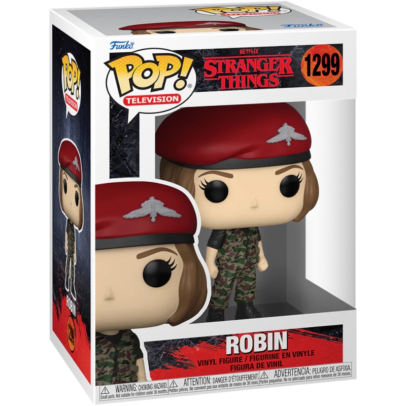 ROBIN #1299 (BATTLE GEAR) (SEASON 4) (STRANGER THINGS) FUNKO POP VF/NM – VERY MINOR DING ON THE UPPER BACK OF THE BOX / MODERATE SHELF-WEAR