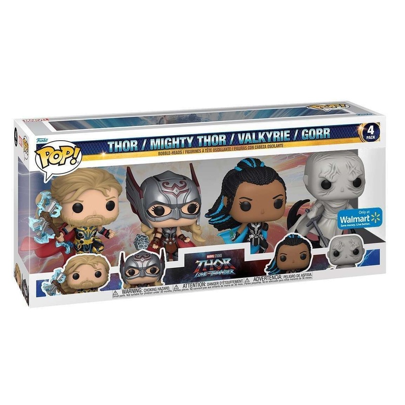 THOR / MIGHTY THOR / VALKYRIE / GORR (4-PACK) (WALMART EXCLUSIVE STICKER) (LOVE AND THUNDER) FUNKO POP VF/NM – VERY MINOR CREASE ON THE TOP OF THE BOX / PACKAGING LINE ON THE BACK OF THE BOX / VERY MINOR SHELF-WEAR