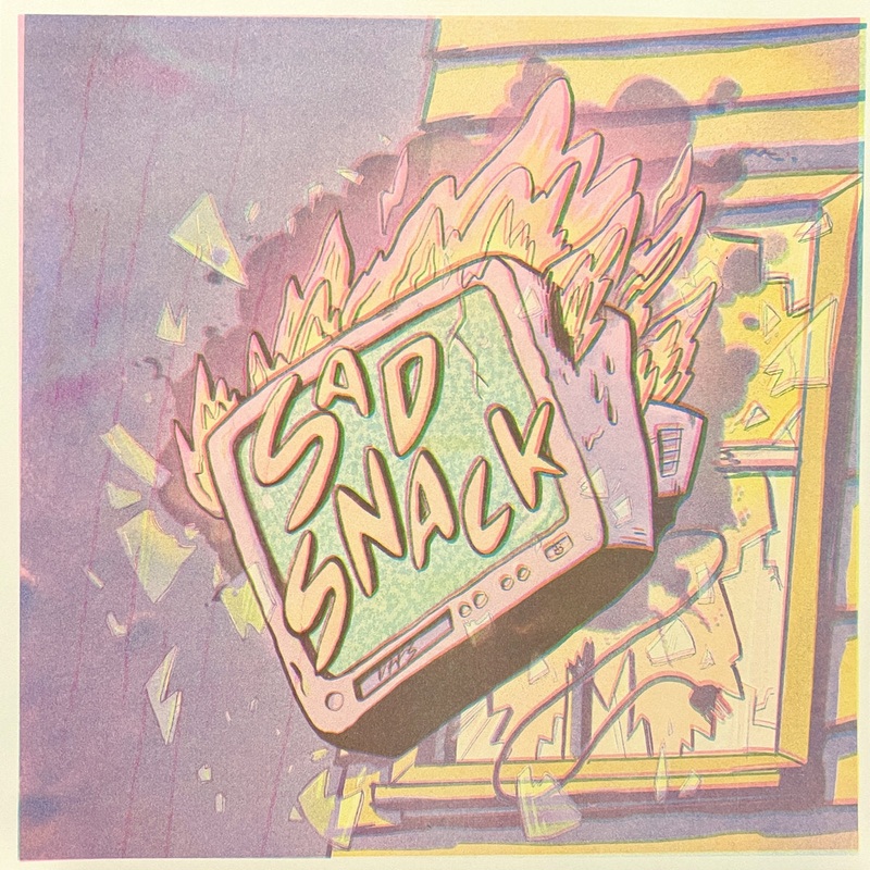 Risograph Print: SAD SNACK BURNING TV (11″x11″) by Josh PM