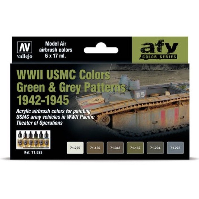 Vallejo Model Air WWII USMC Colours Green & Grey Patterns 1942-1945 Colour 6-Piece Set